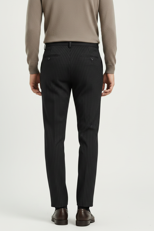 Pantalon À Pince Noir Rayé Slim Élégant Homme - Gabardine - vue 2