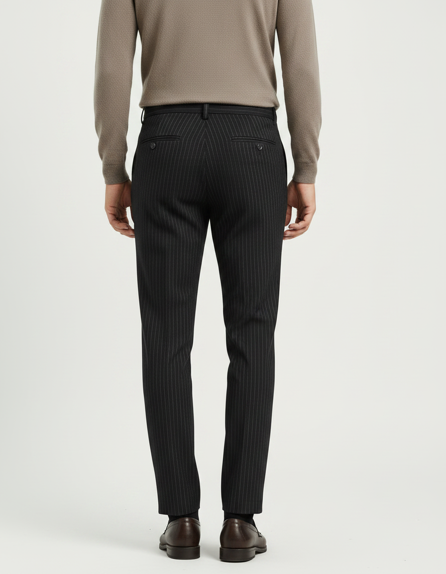Pantalon À Pince Noir Rayé Slim Élégant Homme - Gabardine - vue 2