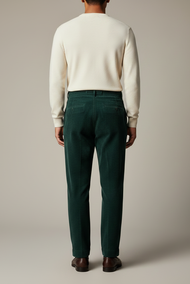 Pantalon À Pince Vert Côtelé Plissé Homme Droit - Cordé - vue 2