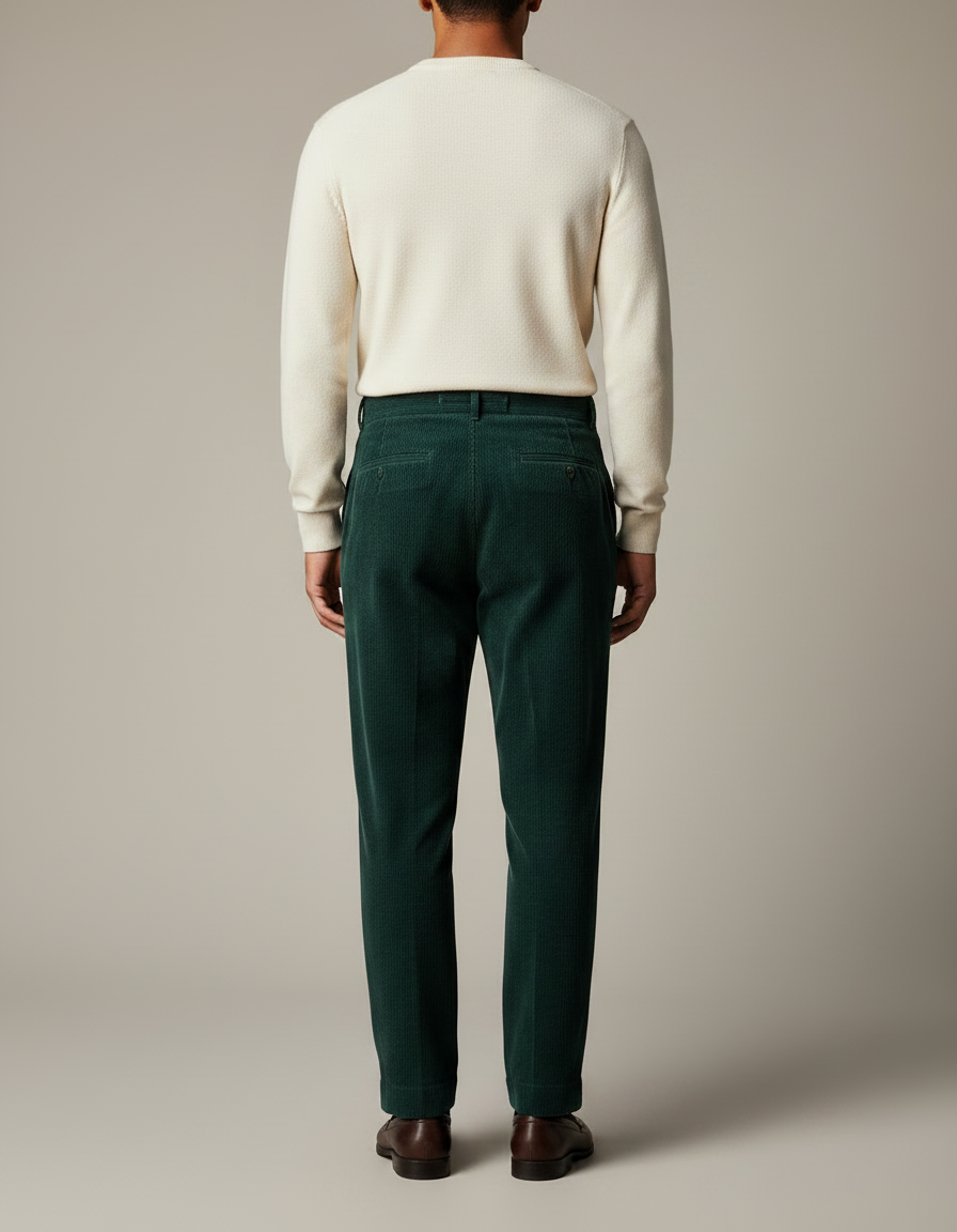 Pantalon À Pince Vert Côtelé Plissé Homme Droit - Cordé - vue 2