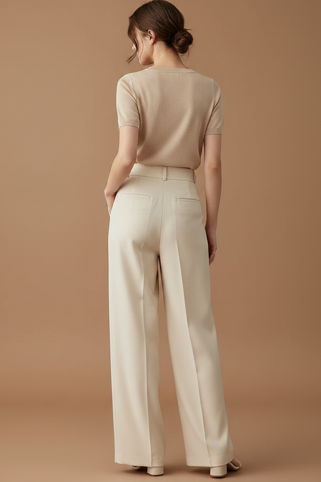 Pantalon À Pince Crème Fluide Ample Élégant Femme - Beige Viscose - vue 2