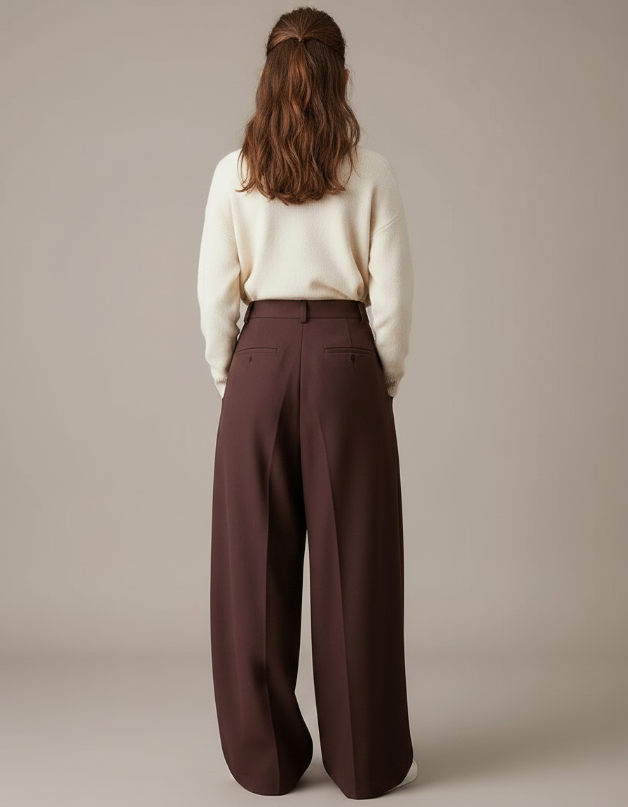 Pantalon À Pince Marron Ample Plissé Élégant Femme - Gabardine - vue 2