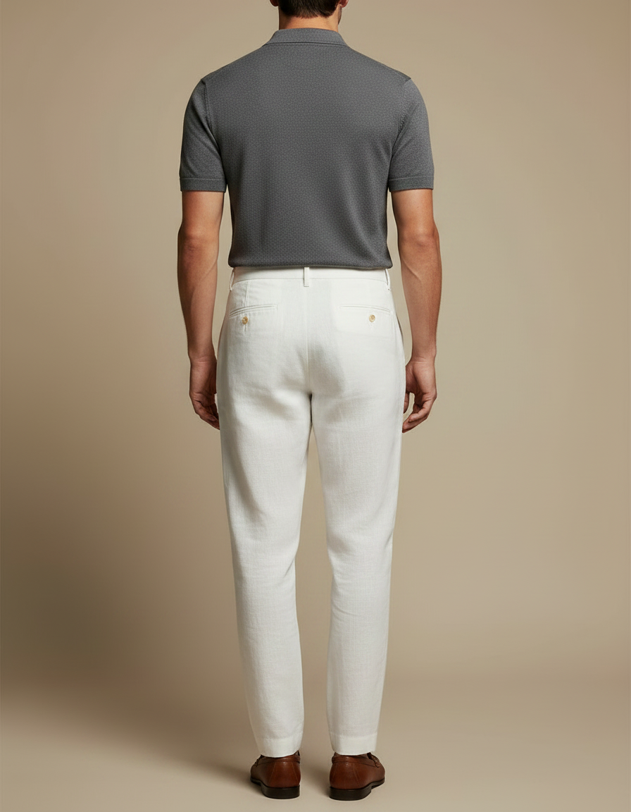 Pantalon À Pince Blanc Lin Plissé Droit Élégant Homme - vue 2