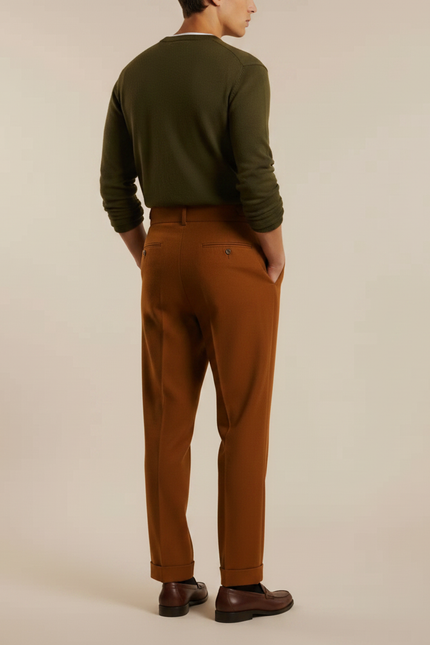 Pantalon À Pince Marron Plissé Droit Élégant Homme - Laine - vue 2