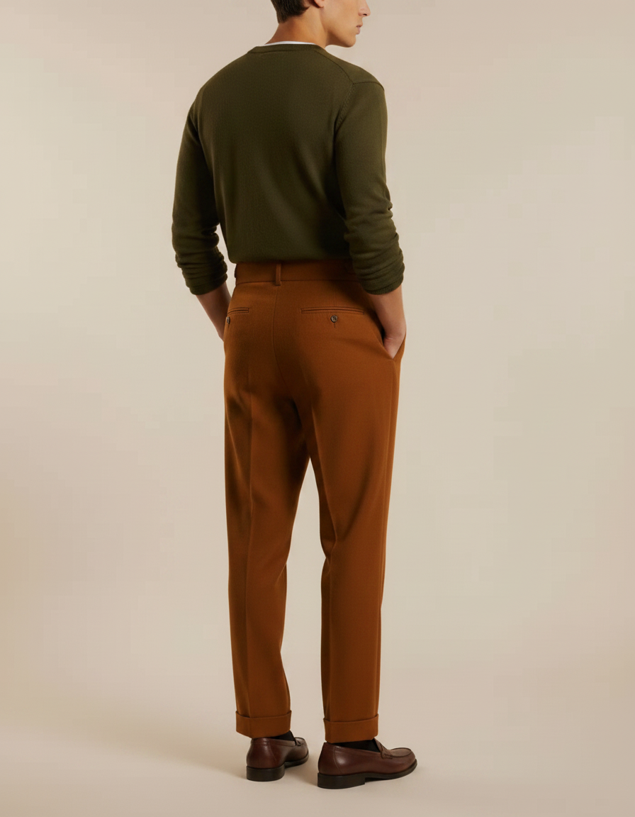 Pantalon À Pince Marron Plissé Droit Élégant Homme - Laine - vue 2