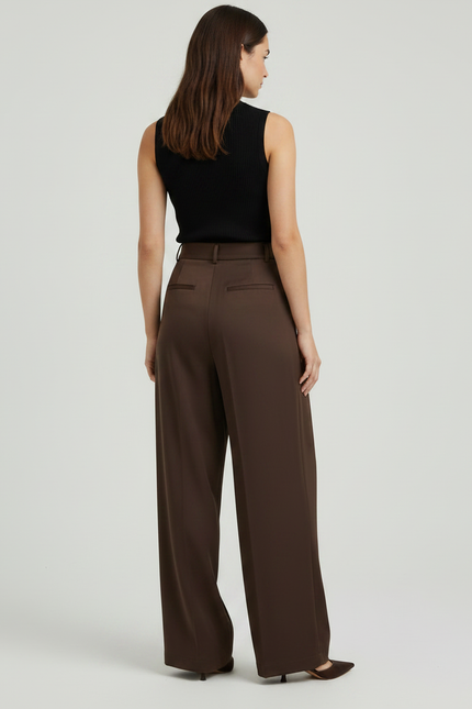 Pantalon À Pince Marron Plissé Ample Taille Haute Fluide - Polyester - vue 2