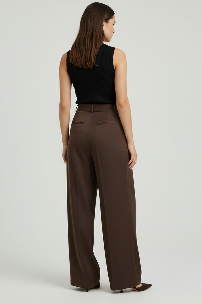 Pantalon À Pince Marron Plissé Ample Taille Haute Fluide - Polyester - vue 2