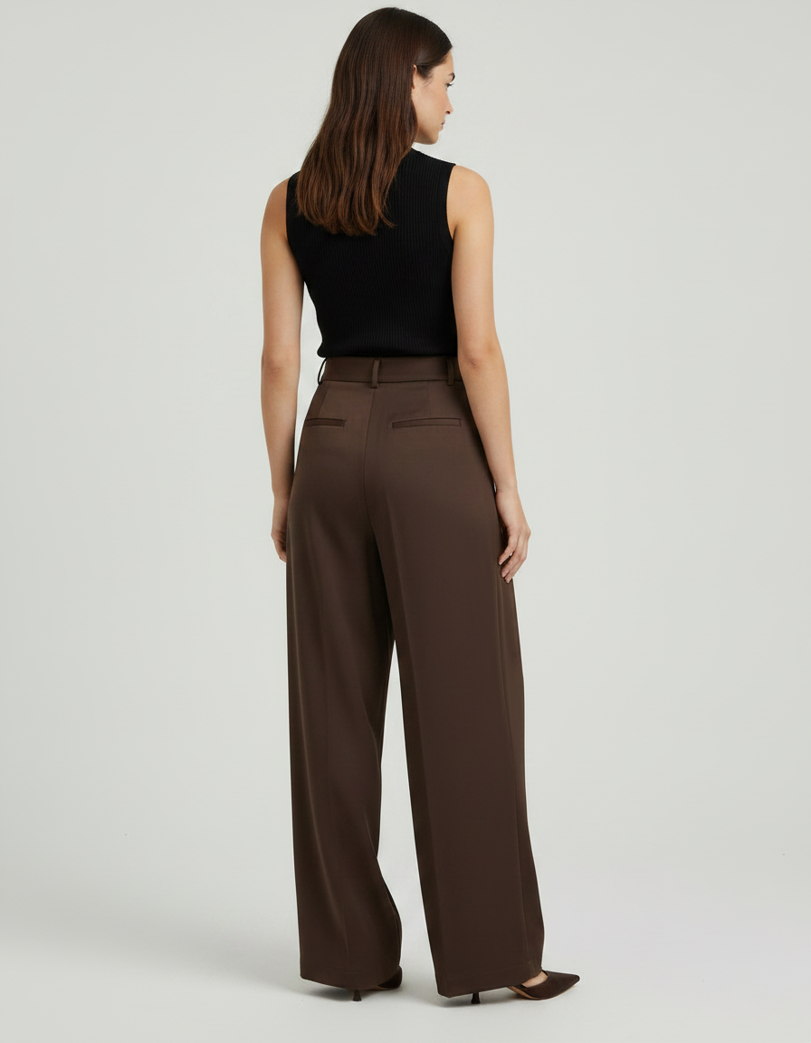 Pantalon À Pince Marron Plissé Ample Taille Haute Fluide - Polyester - vue 2
