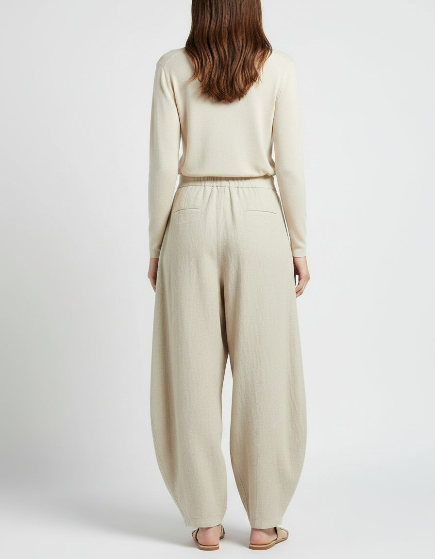 Pantalon À Pince Beige Lin Ample Plissé Élégant - vue 2