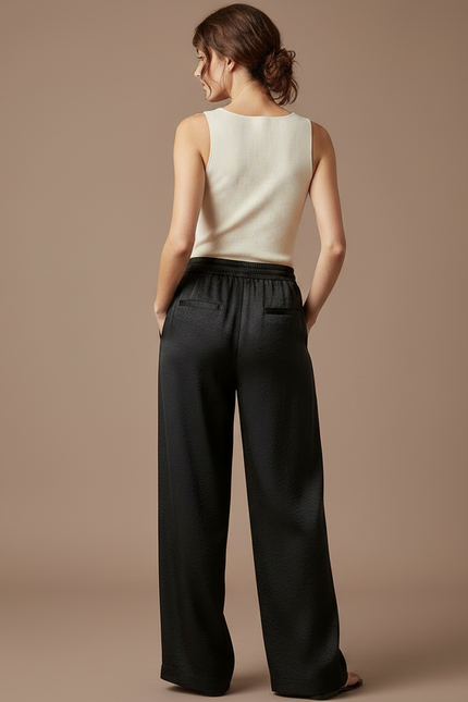 Pantalon À Pince Noir Satiné Fluide Ample Élégant - vue 2