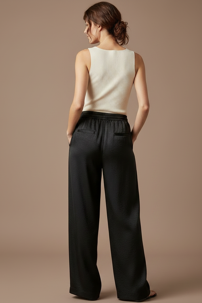 Pantalon À Pince Noir Satiné Fluide Ample Élégant - vue 2