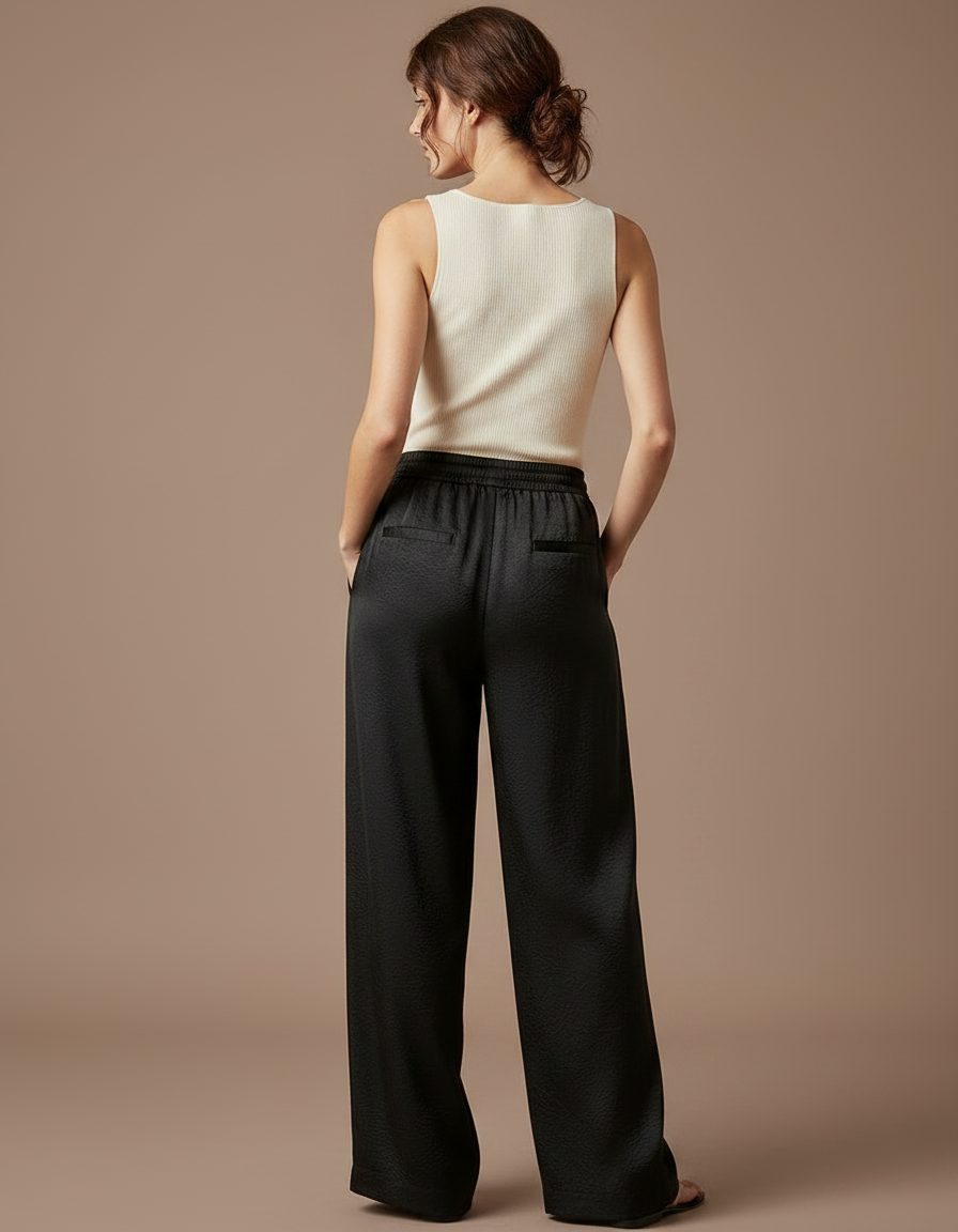 Pantalon À Pince Noir Satiné Fluide Ample Élégant - vue 2