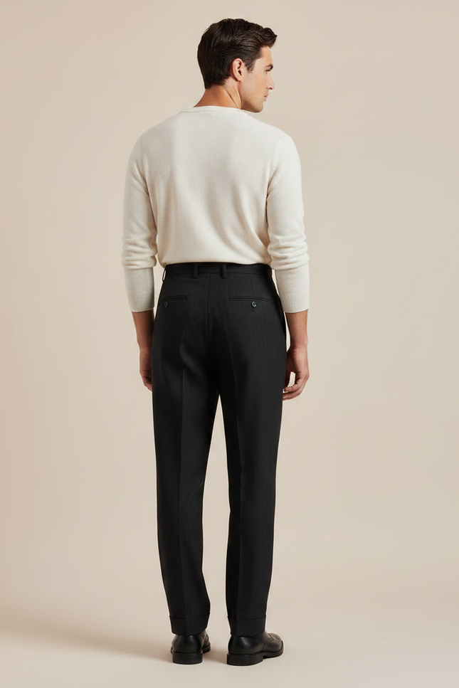 Pantalon À Pince Noir Droit Rayé Plissé Élégant Homme - Laine - vue 2