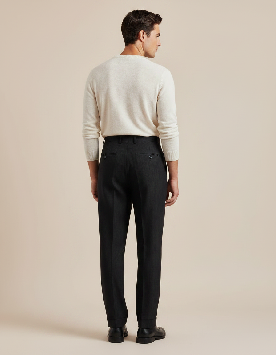 Pantalon À Pince Noir Droit Rayé Plissé Élégant Homme - Laine - vue 2