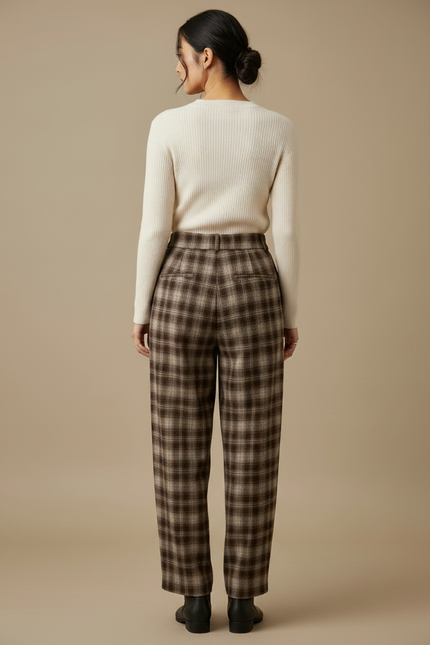 Pantalon À Pince Carreaux Marron Ample Plissé Hiver - Laine - vue 2