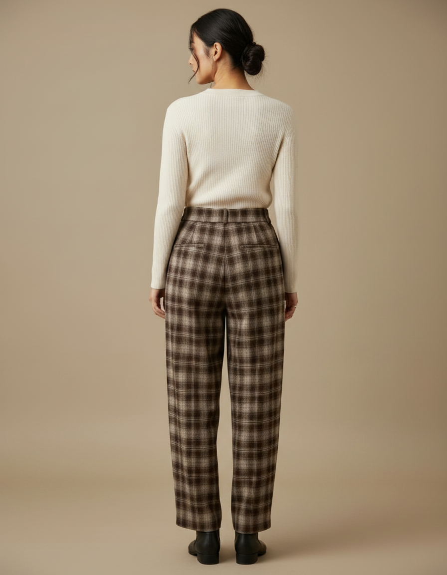 Pantalon À Pince Carreaux Marron Ample Plissé Hiver - Laine - vue 2