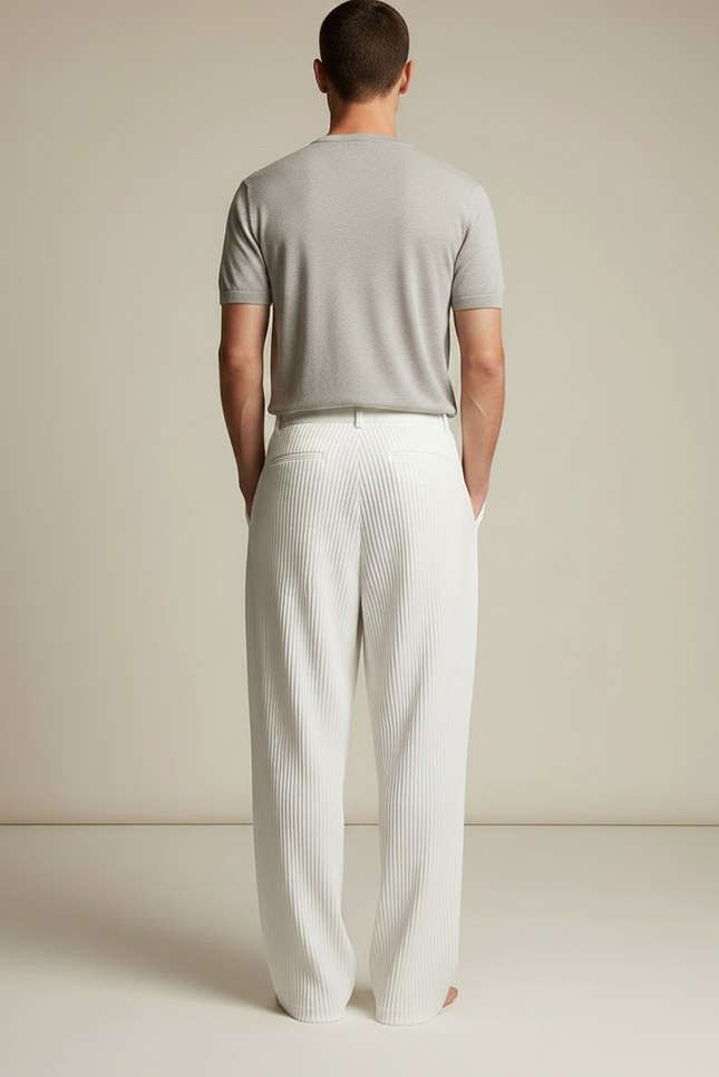 Pantalon À Pince Blanc Plissé Ample Décontracté - Maille - vue 2