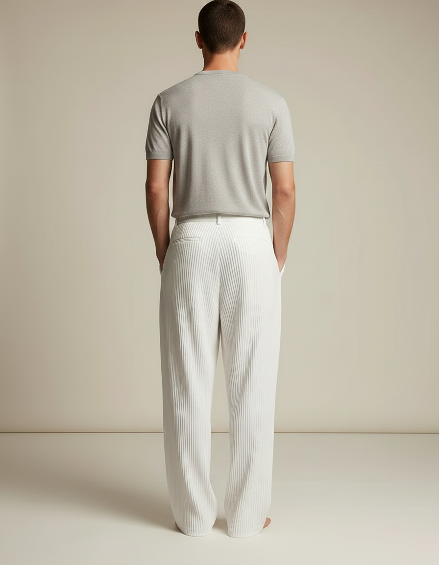 Pantalon À Pince Blanc Plissé Ample Décontracté - Maille - vue 2