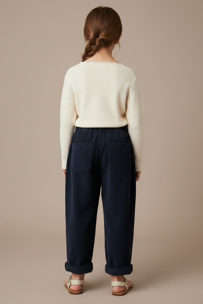 Pantalon À Pince Velours Côtelé Marine Brodé Fille - Cordé - vue 2