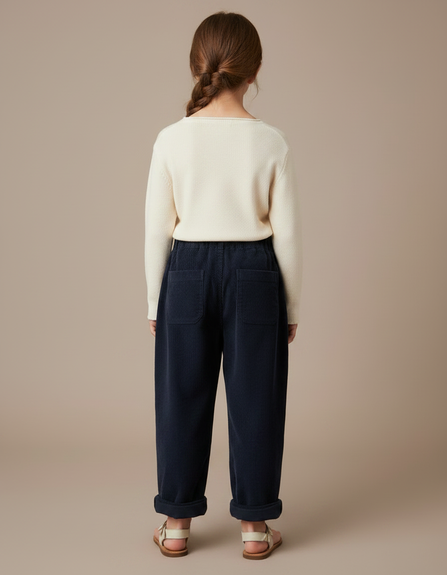 Pantalon À Pince Velours Côtelé Marine Brodé Fille - Cordé - vue 2