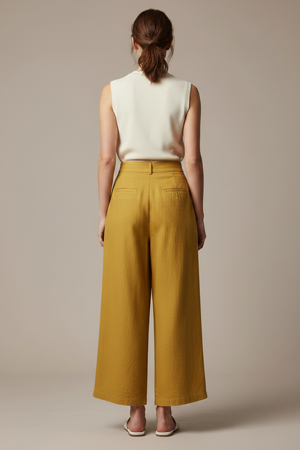 Pantalon À Pince Jaune Moutarde Ample Plissé Fluide Femme - Lin - vue 2