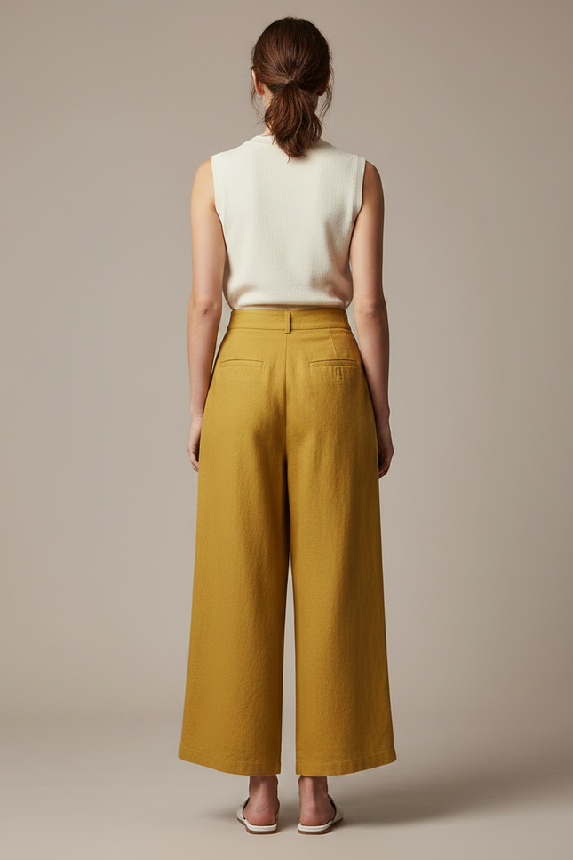 Pantalon À Pince Jaune Moutarde Ample Plissé Fluide Femme - Lin - vue 2