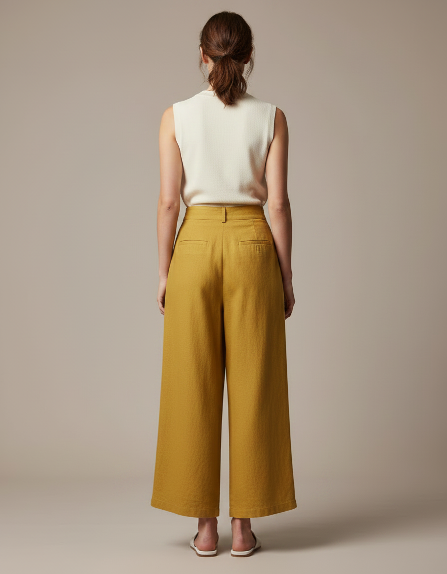 Pantalon À Pince Jaune Moutarde Ample Plissé Fluide Femme - Lin - vue 2