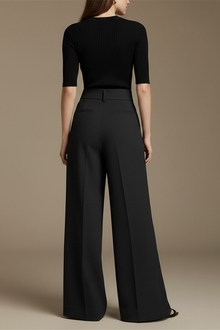 Pantalon À Pince Noir Plissé Ample Fendu Élégant - Polyester - vue 2