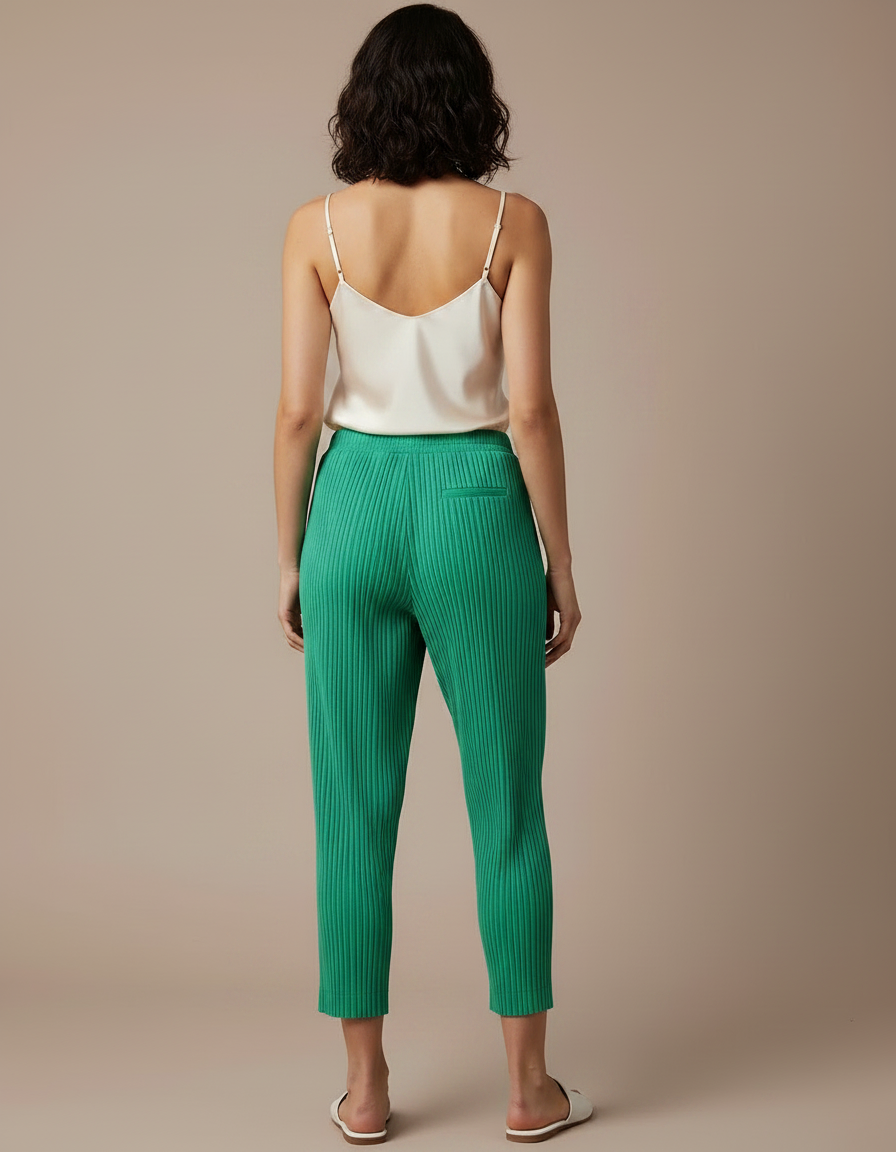 Pantalon À Pince Plissé Vert Cheville Décontracté Fluide - Polyester - vue 2