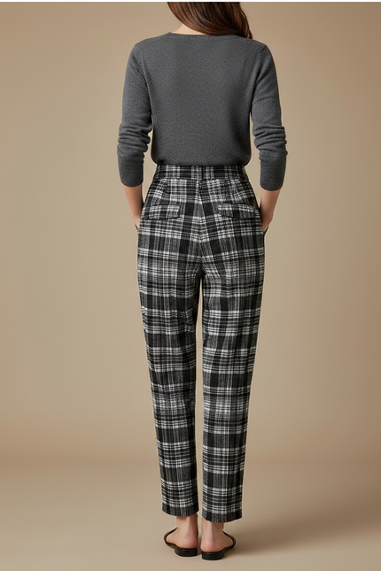 Pantalon À Pince Carreaux Noir Blanc Plissé Décontracté Fluide Femme - Imprimé Laine - vue 2