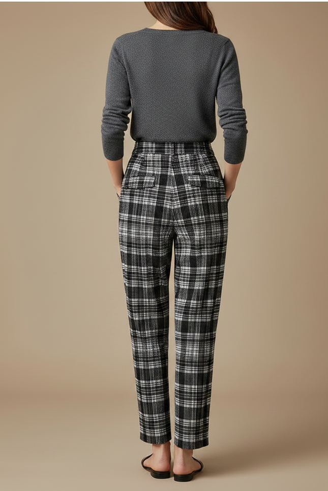 Pantalon À Pince Carreaux Noir Blanc Plissé Décontracté Fluide Femme - Imprimé Laine - vue 2