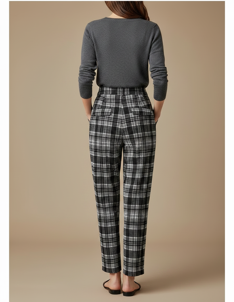 Pantalon À Pince Carreaux Noir Blanc Plissé Décontracté Fluide Femme - Imprimé Laine - vue 2