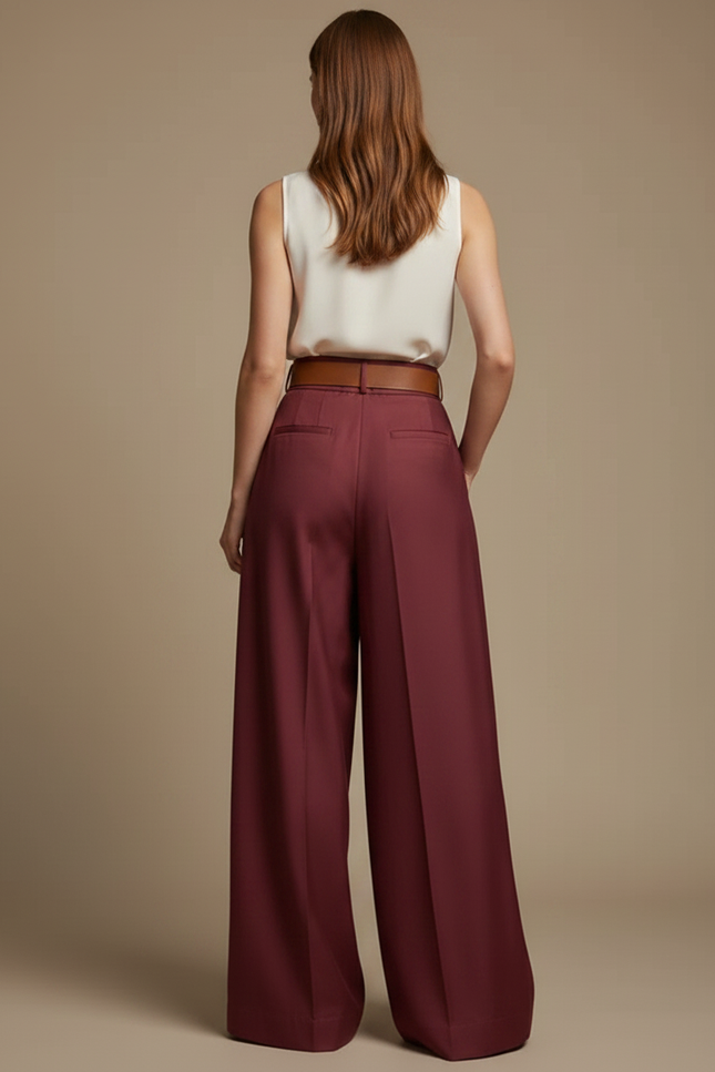 Pantalon À Pince Bordeaux Plissé Ample Élégant Fluide - Polyester - vue 2