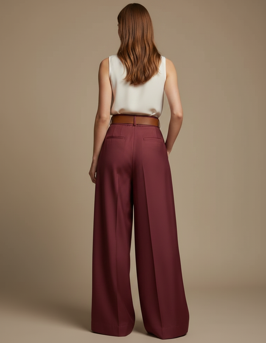 Pantalon À Pince Bordeaux Plissé Ample Élégant Fluide - Polyester - vue 2