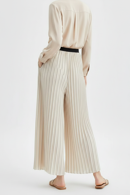Pantalon À Pince Plissé Écru Rayé Fluide Élégant - Beige Satin - vue 2