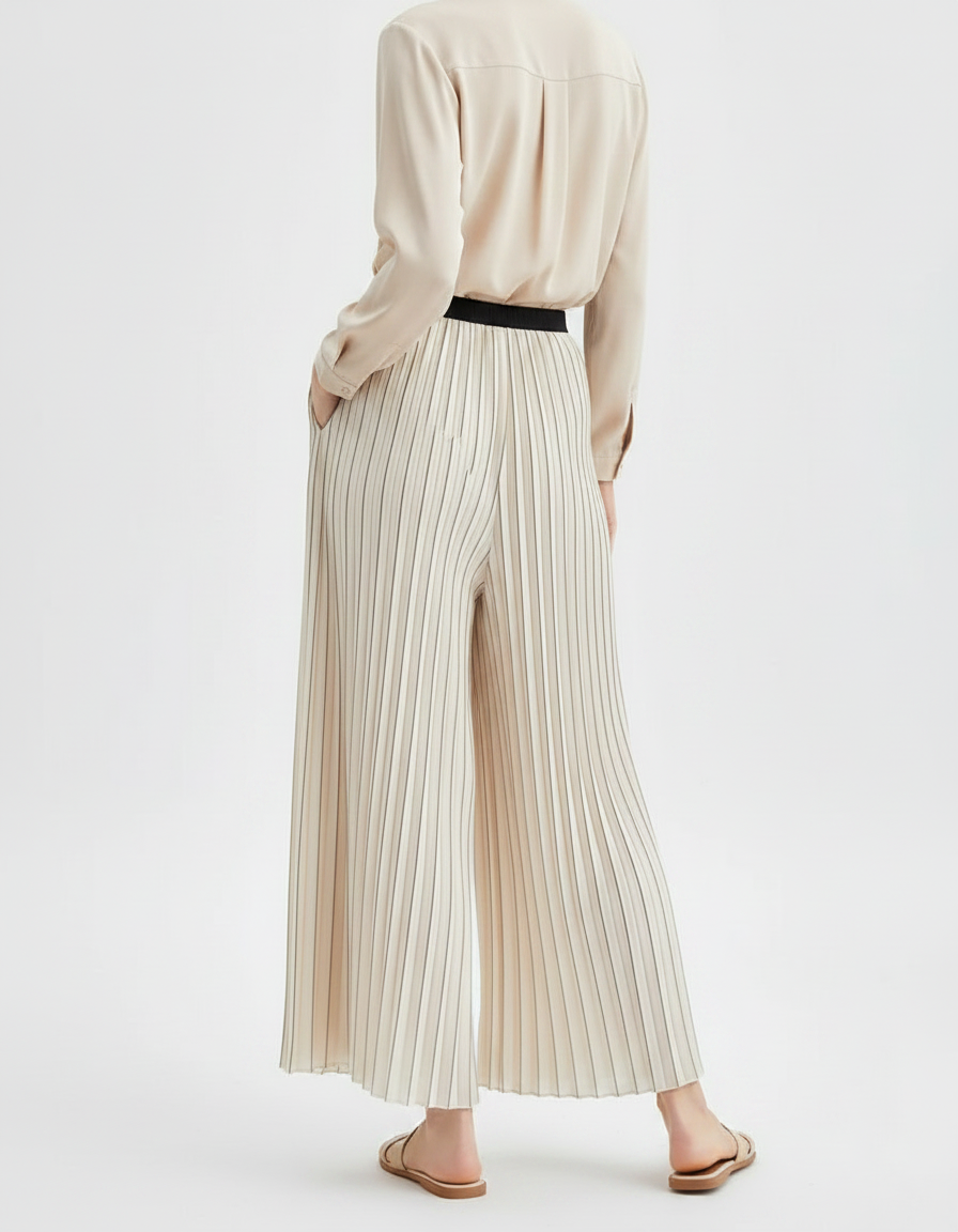 Pantalon À Pince Plissé Écru Rayé Fluide Élégant - Beige Satin - vue 2