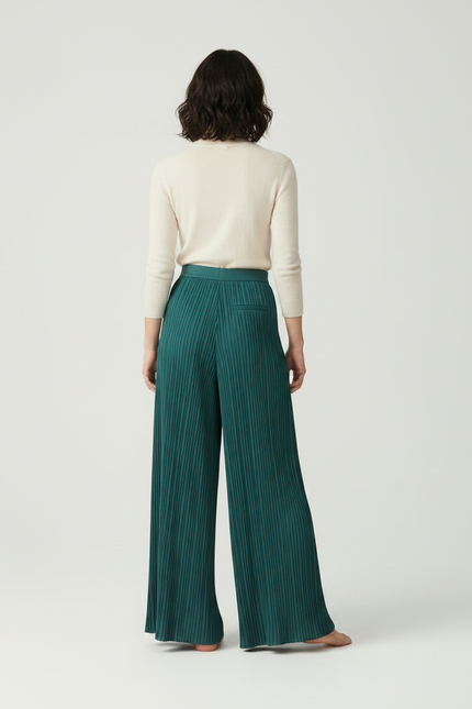 Pantalon À Pince Plissé Ample Vert Émeraude Fluide - Polyester - vue 2