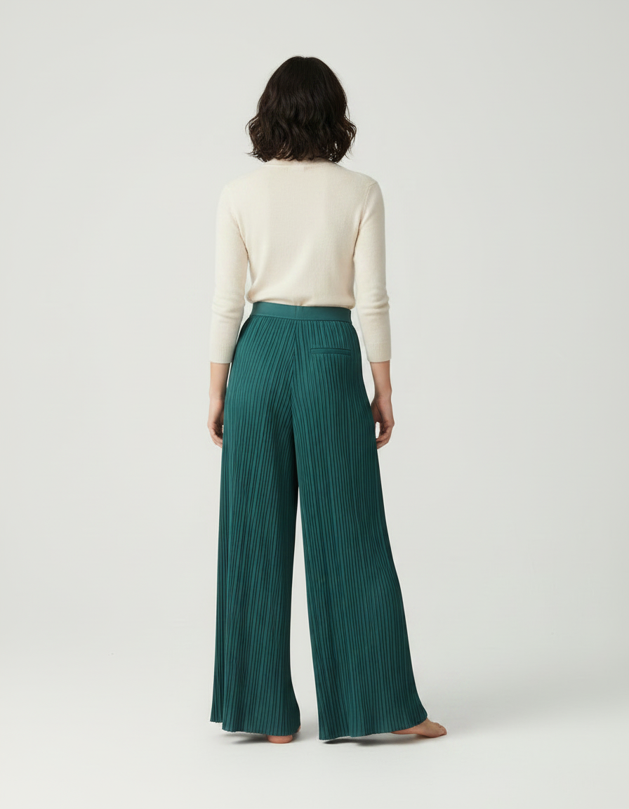 Pantalon À Pince Plissé Ample Vert Émeraude Fluide - Polyester - vue 2