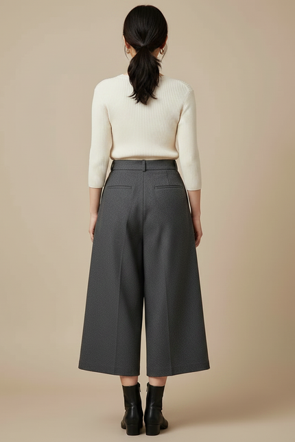 Pantalon À Pince Gris Anthracite Ample Plissé Femme - Laine - vue 2