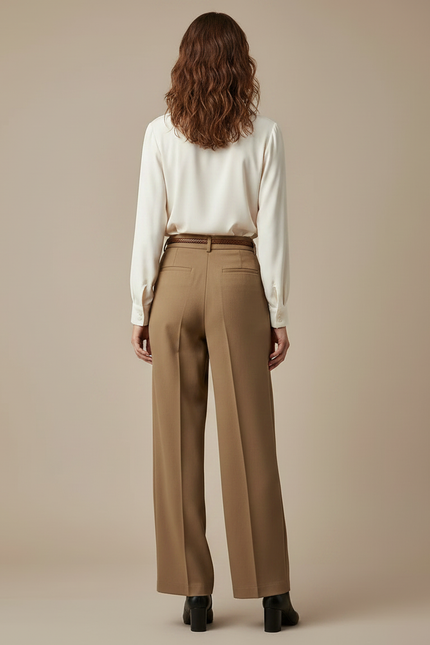 Pantalon À Pince Marron Taille Haute Ample Droit Élégant - Gabardine - vue 2