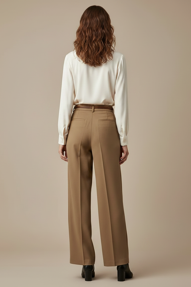 Pantalon À Pince Marron Taille Haute Ample Droit Élégant - Gabardine - vue 2