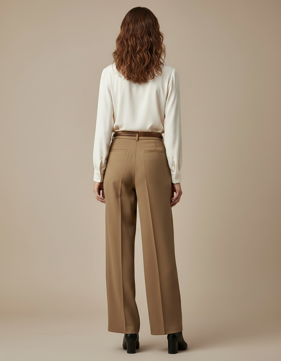 Pantalon À Pince Marron Taille Haute Ample Droit Élégant - Gabardine - vue 2