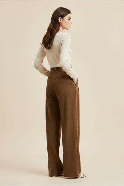 Pantalon À Pince Marron Large Plissé Taille Haute - Laine - vue 2