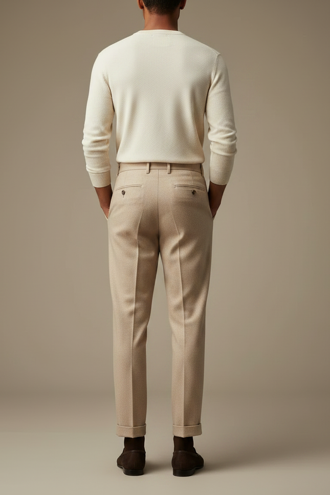 Pantalon À Pince Beige Laine Plissé Droit Homme - vue 2