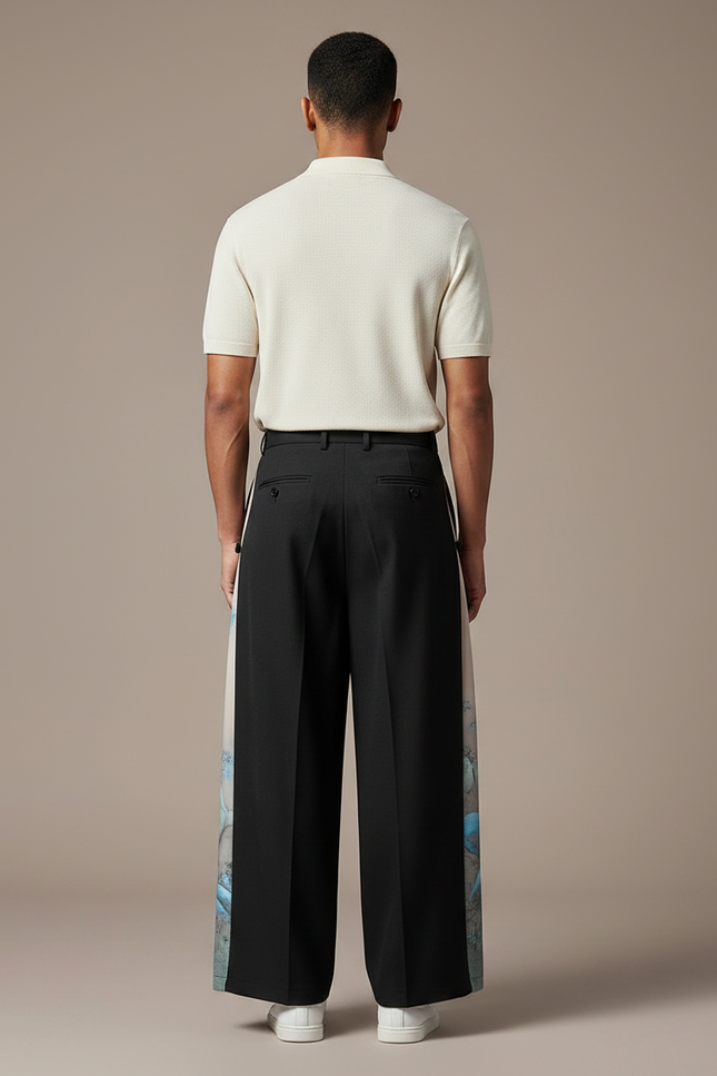 Pantalon À Pince Noir Ample Imprimé Côté Homme - Gabardine - vue 2
