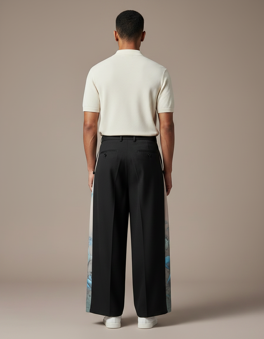 Pantalon À Pince Noir Ample Imprimé Côté Homme - Gabardine - vue 2