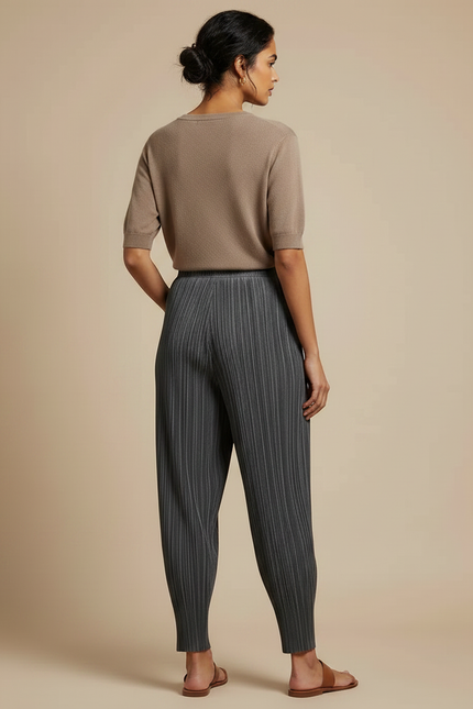 Pantalon À Pince Plissé Fluide Gris Décontracté Femme - Polyester - vue 2
