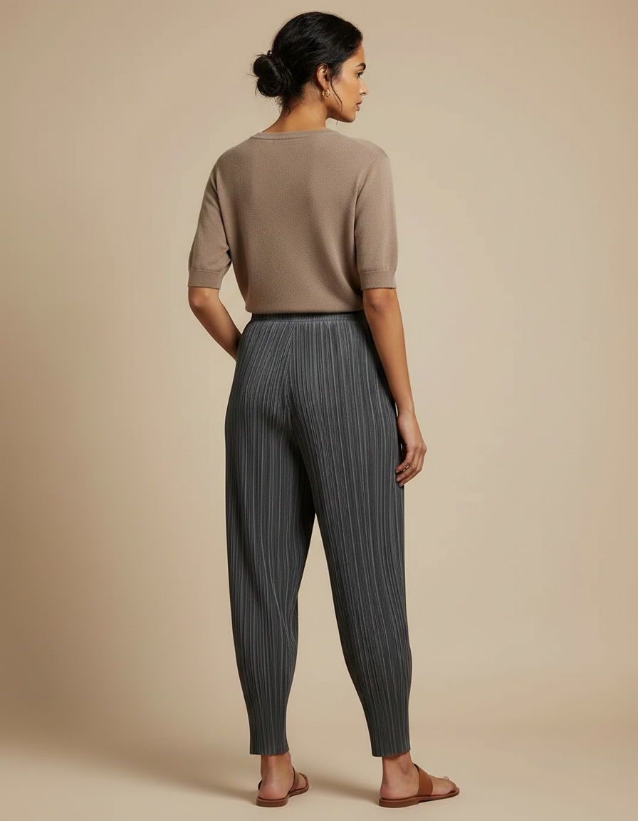Pantalon À Pince Plissé Fluide Gris Décontracté Femme - Polyester - vue 2
