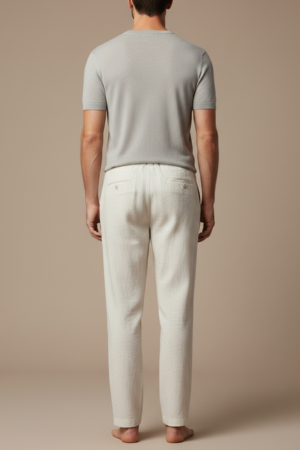 Pantalon À Pince Crème Lin Plissé Cordon Décontracté - Beige - vue 2