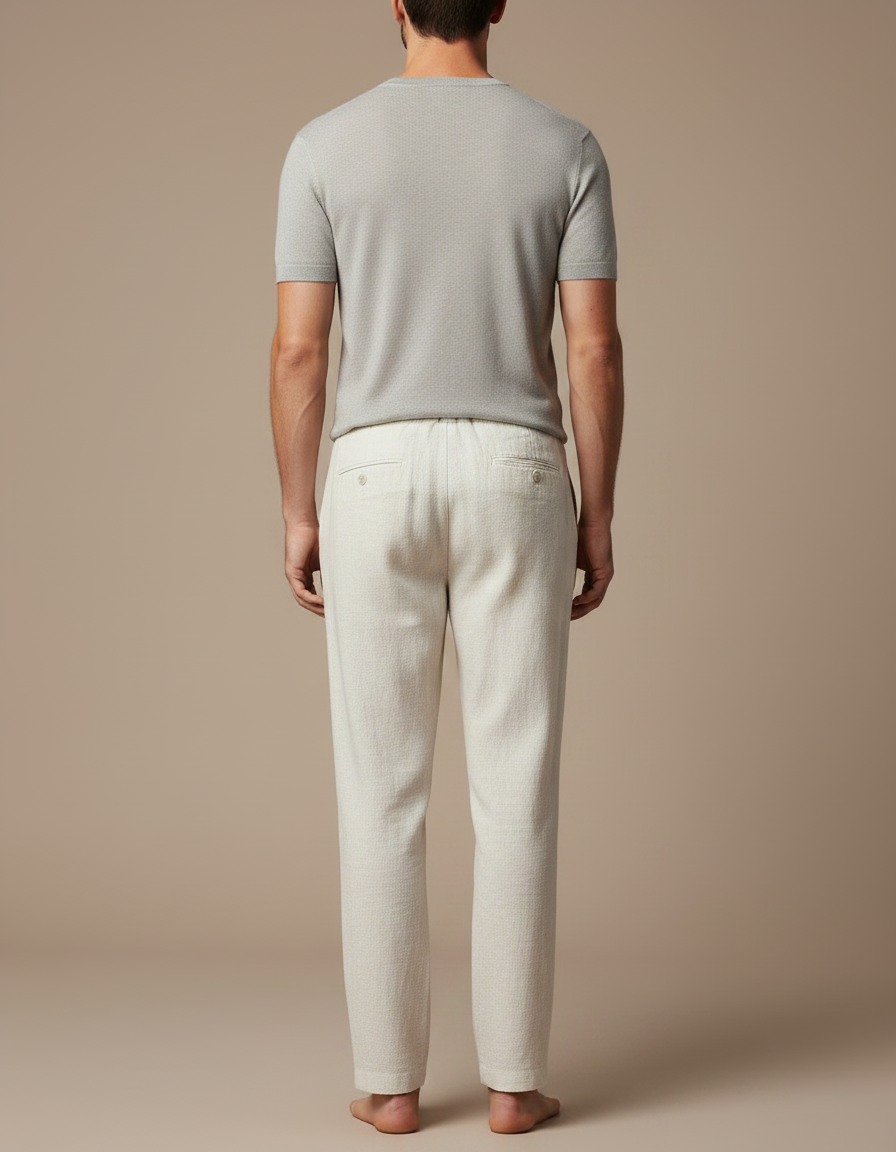 Pantalon À Pince Crème Lin Plissé Cordon Décontracté - Beige - vue 2